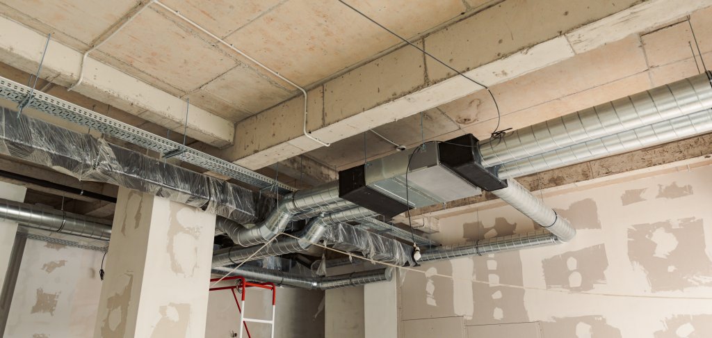 HVAC building interior air duct, Air Condition pipe line system on the ceiling. Industrial